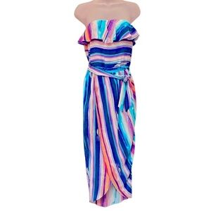 Amanda Uprichard Joan blue 100% silk dress strapless colorful asymmetrical maxi